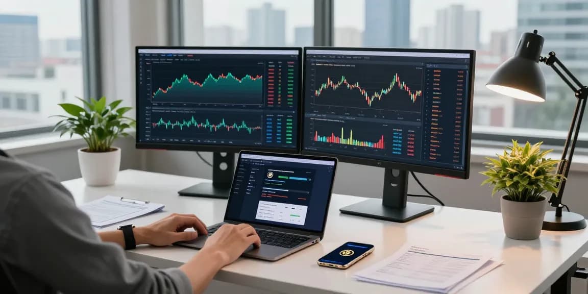 Playexch247 trading workspace with cryptocurrency charts, digital wallet, and modern tech setup in a professional environment.