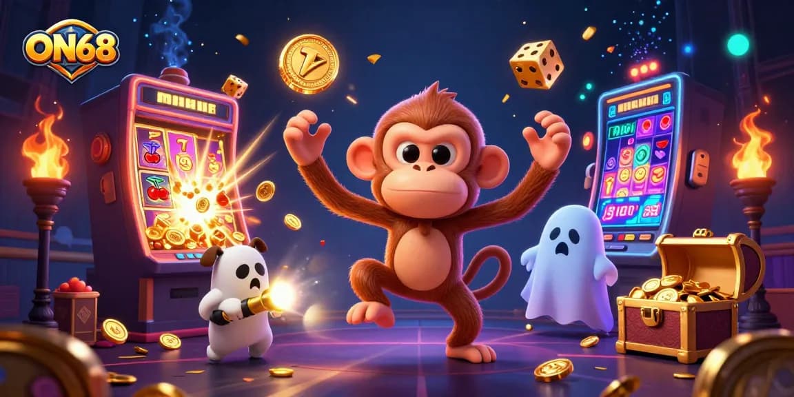 Win big at ON68 as a mischievous poltergeist monkey juggles gold coins in a thrilling casino scene.