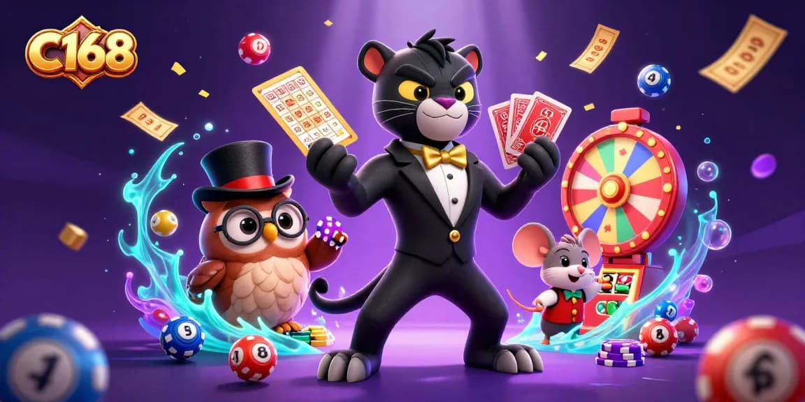 Engage with C168, featuring stylish characters and vibrant casino elements in a dynamic scene.