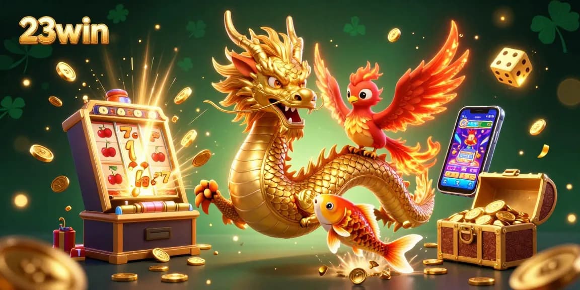 Engage in dynamic gaming at 23win with a stunning illustration of a golden dragon and vibrant casino elements.