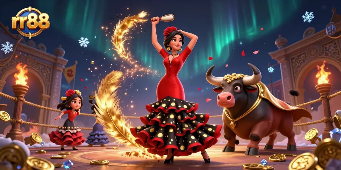 Experience excitement at rr88 casino with a captivating scene of dynamic gaming action featuring a flamenco woman and a joyful bull.
