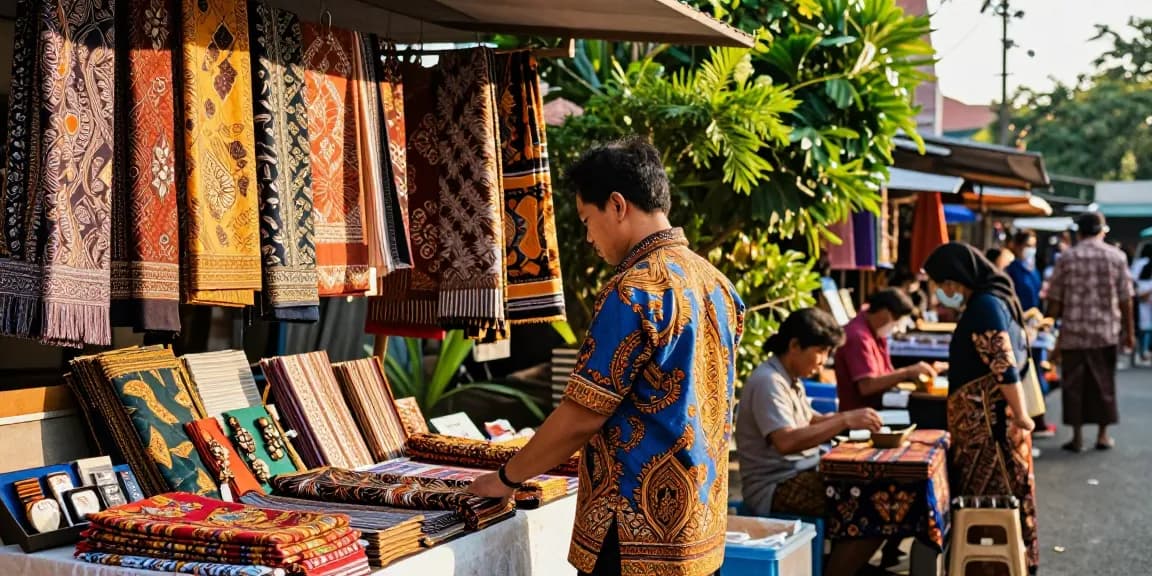 Staf yang mengenakan batik88 saat berbelanja di pasar yang ramai.