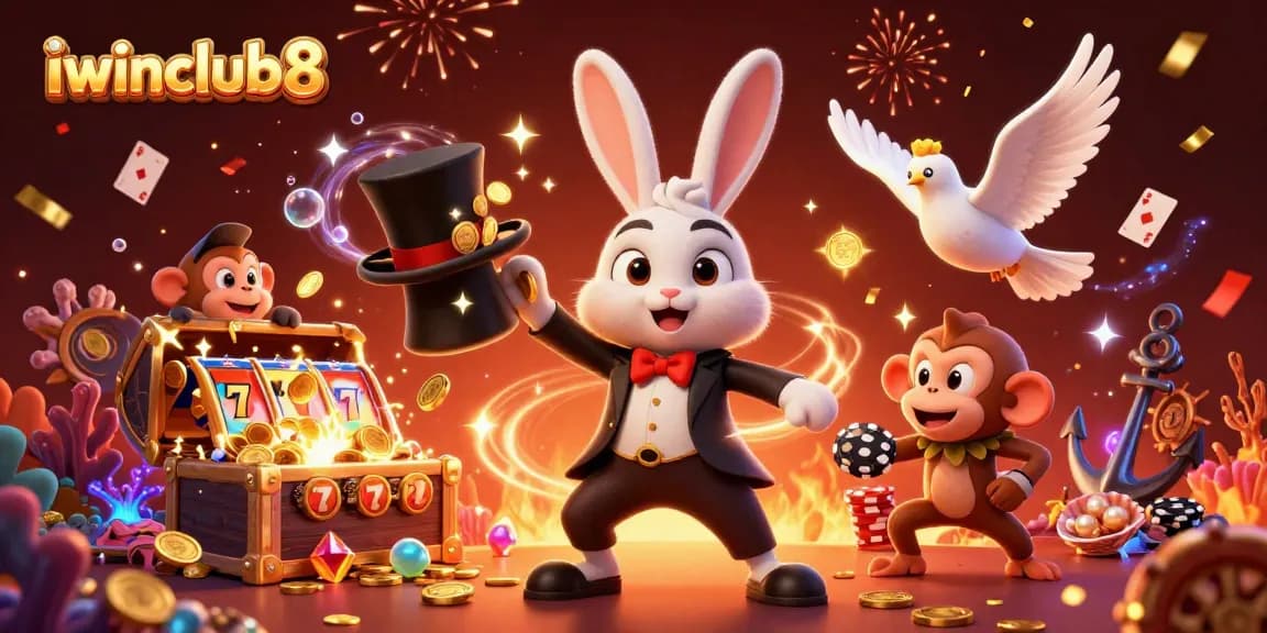 Experience excitement and winnings at iwinclub8 with a magician and playful casino characters.