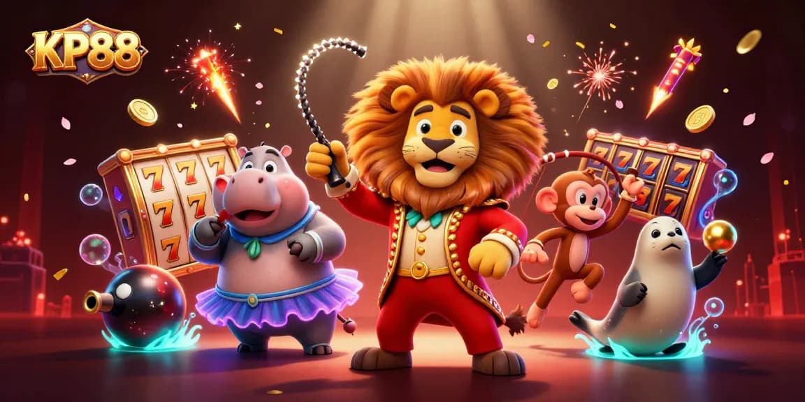 Experience KP88 in a lively casino scene with interactive characters, slot reels, and glowing effects.