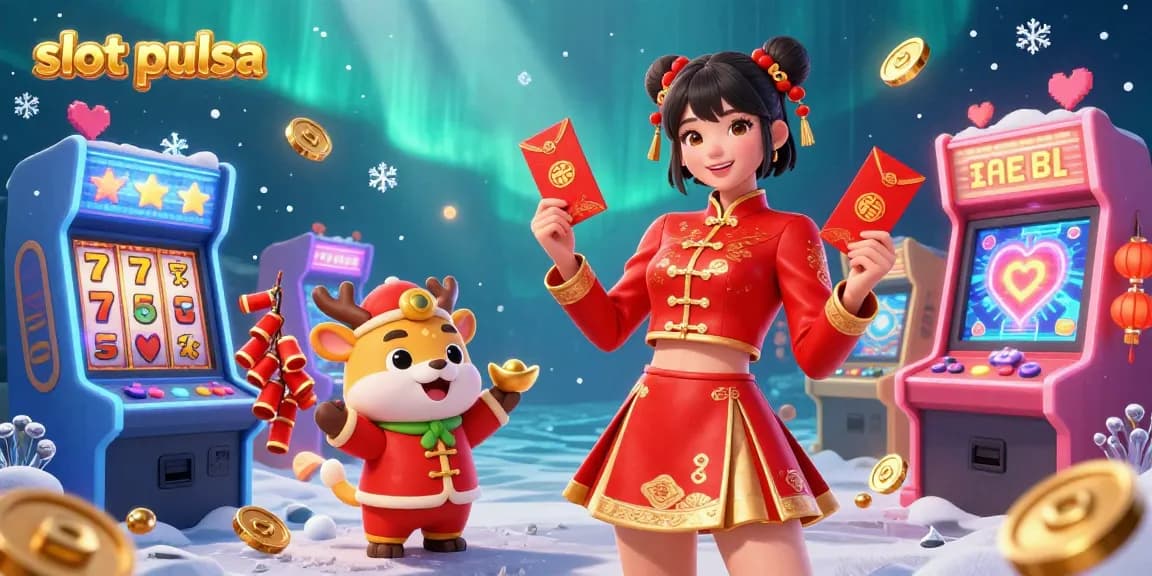 Experience the excitement of slot pulsa gaming with a vibrant Lunar New Year-themed illustration featuring 3D characters and elements.