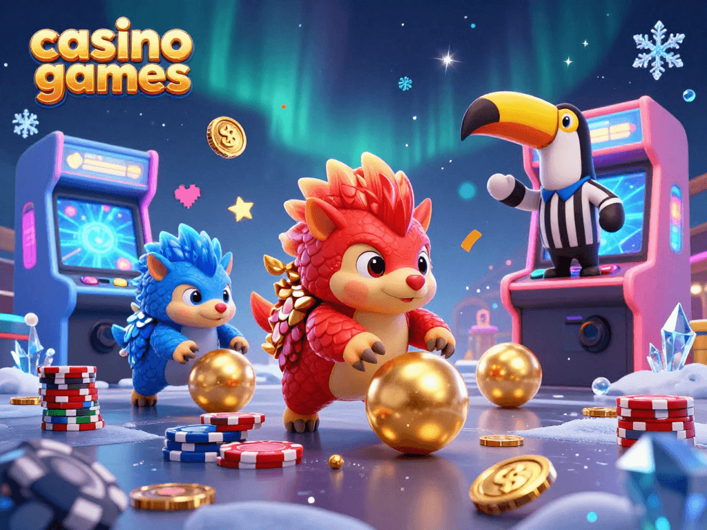 Engaging casino games scene with 3D pangolins competing amongst glowing arcade elements.