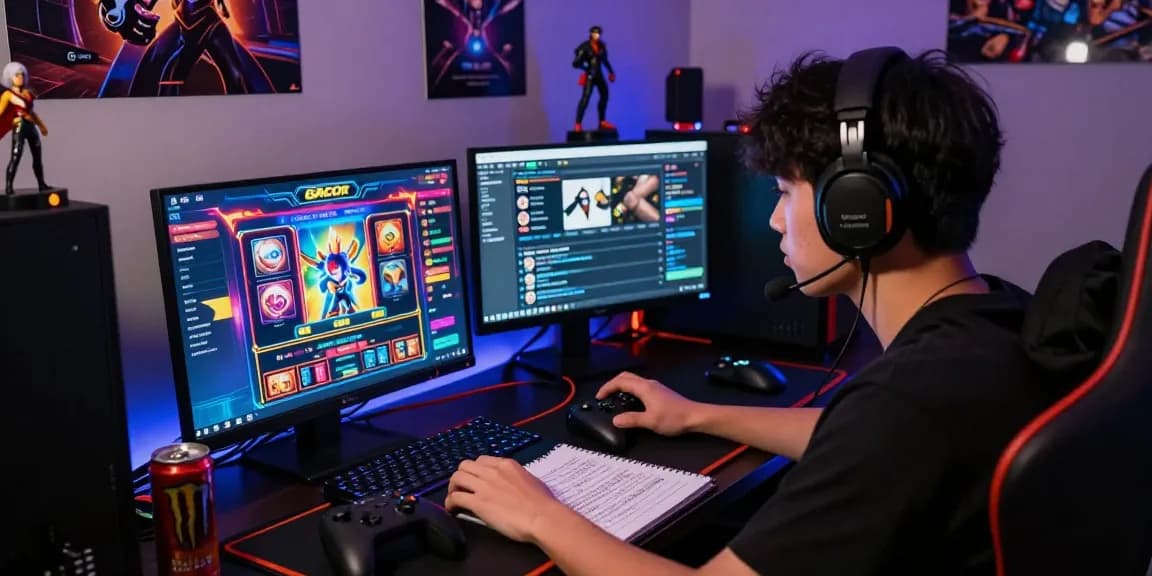 Pengalaman bermain slot gacor online dengan pengguna fokus pada layar laptop, dihiasi grafik cerah dan suasana gamer yang menarik.