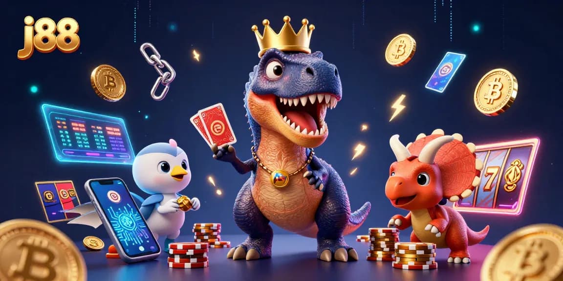 Join the fun with j88 casino games featuring a T-Rex shuffling cards and vibrant slot elements!