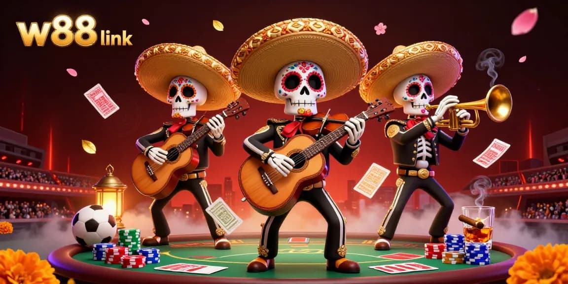 Engage with the thrilling w88 link scene showcasing vibrant sports betting action and colorful mariachi characters.