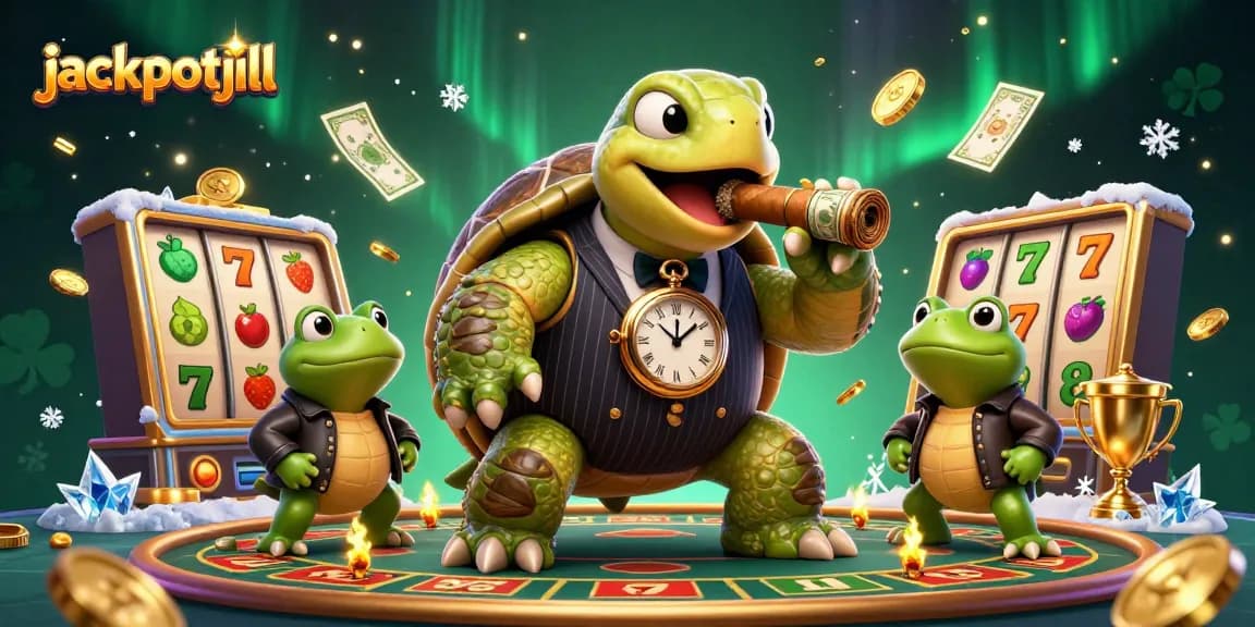 Jackpotjill illustration with a snapping turtle and bullfrogs celebrating big wins in a vibrant casino setting.