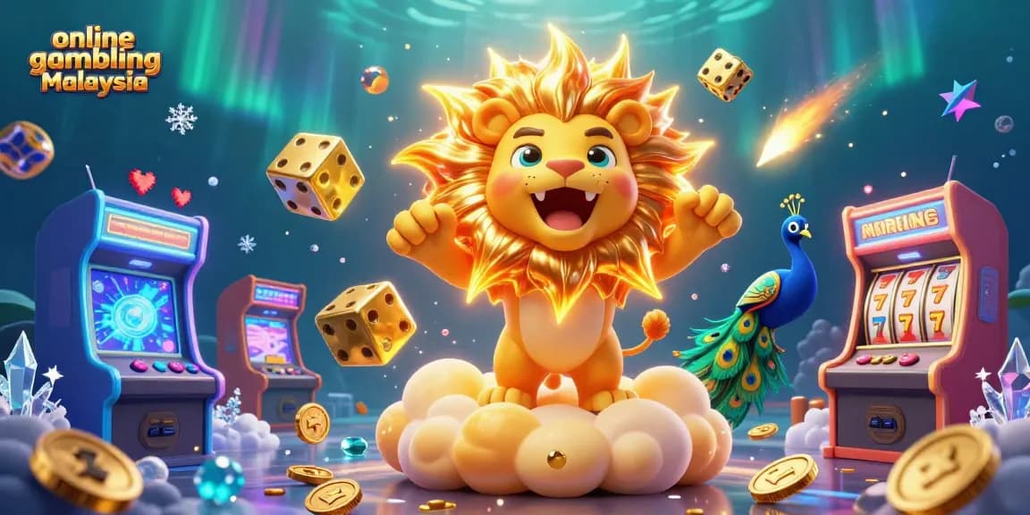 Experience thrilling online gambling Malaysia with a vibrant illustration of a lion and golden dice amidst casino elements.