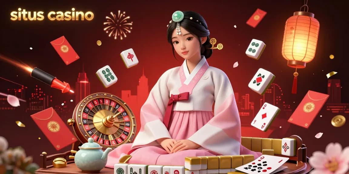Experience the thrill of a situs casino with lively roulette and festive decorations in this detailed illustration.