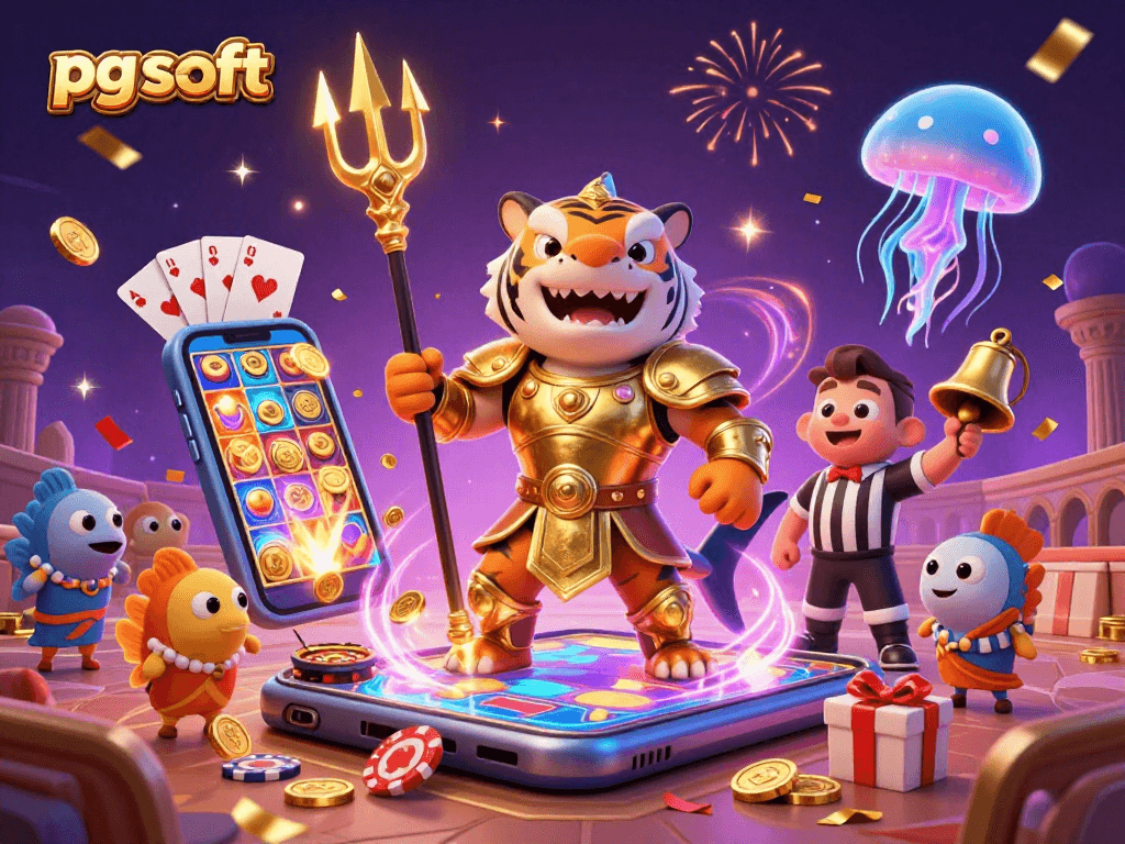 Experience thrilling gameplay with pg soft as the tiger shark battles in a vibrant casino scene.