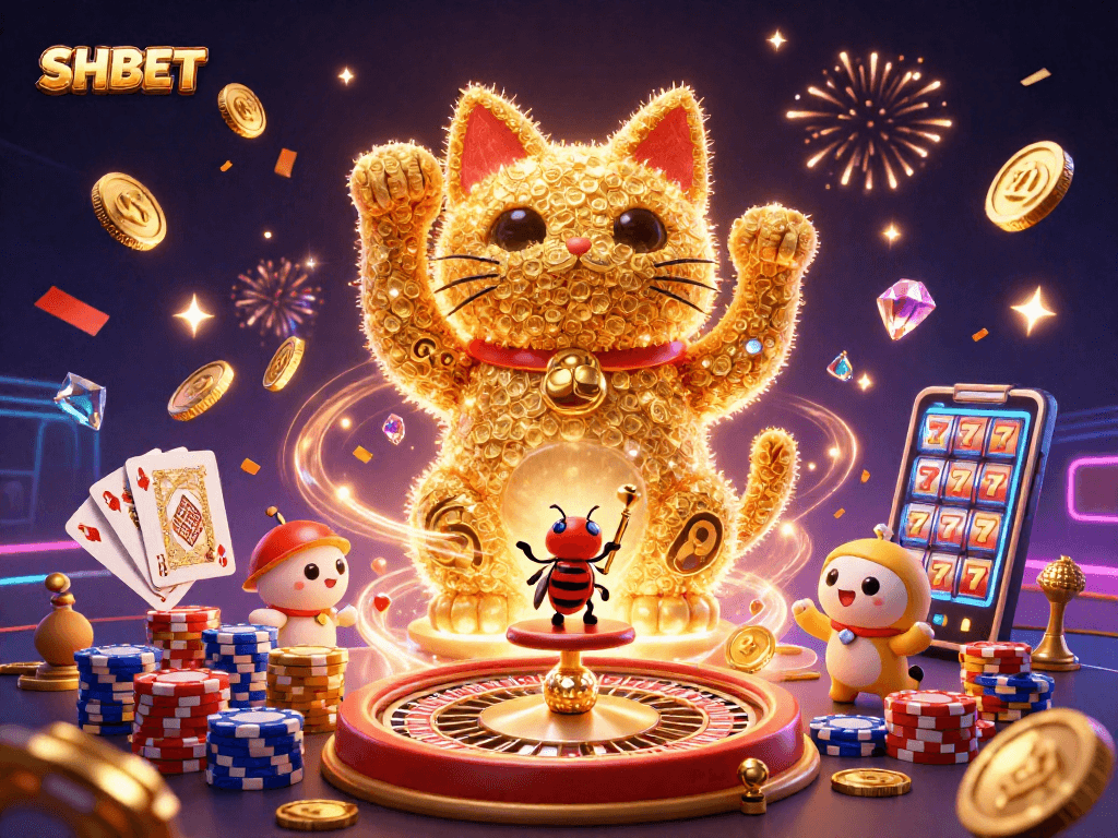 SHBET showcases a vibrant, dynamic lucky cat scene with casino symbols highlighting exciting gameplay.