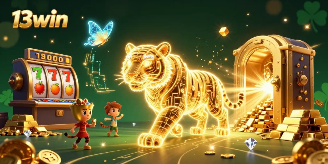 Experience the thrilling gameplay of 13win with a vibrant 3D casino scene featuring dynamic slot reels and golden treasures.