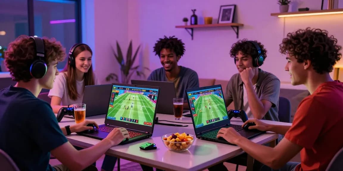 Engaging online gaming scene with friends playing Prediksi Bola Malam Ini, showcasing excitement and camaraderie in a modern living room.