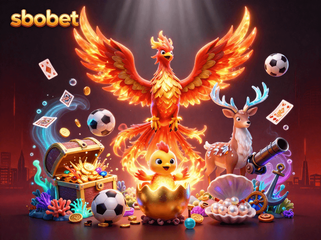 Make winning bets with sbobet, featuring a fire phoenix, baby phoenix, and mystical stag in a dynamic casino scene.