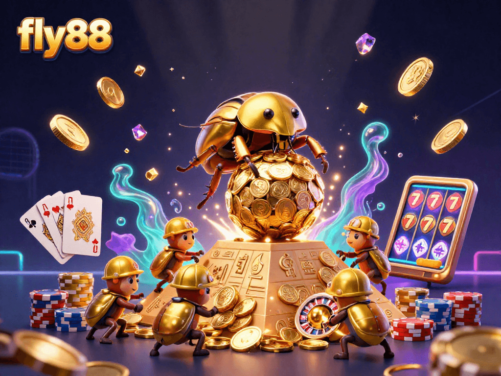 Experience the thrill of fly88 with a massive golden dung beetle rolling coins in a vibrant casino explosion.