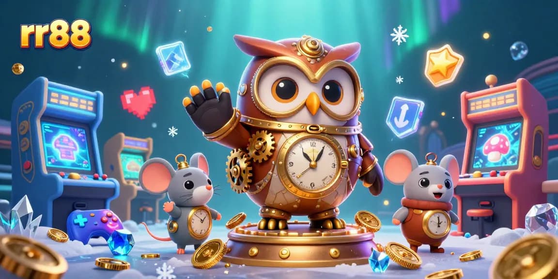 Experience thrilling gaming at rr88 with an owl and a mouse in a vibrant casino scene.