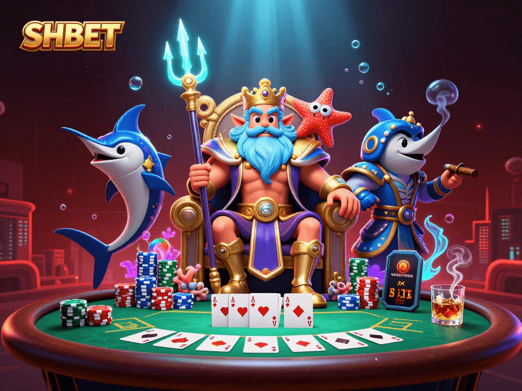 Play and win at SHBET with immersive poker scenes featuring Neptune and colorful chips.