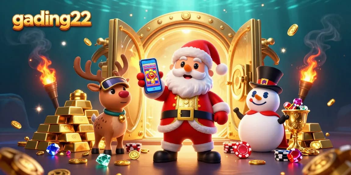 Experience jackpot excitement with gading22, featuring Santa, his reindeer, and a poker chip snowman in a vibrant casino scene.