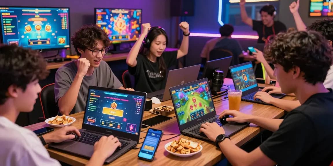 Players enjoying game bài đổi thưởng with vibrant graphics and lively atmosphere, celebrating wins and engaging in various games online.
