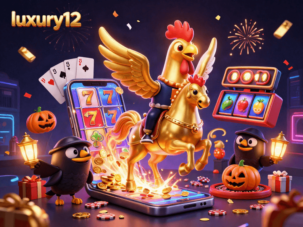 Experience the thrill of luxury12 gaming with a vibrant, cartoonish casino scene featuring a golden rooster and explosive slot game action.