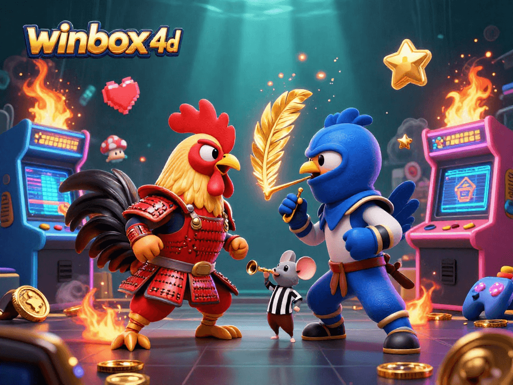 Fierce duel between winbox 4d's samurai rooster and ninja rooster amidst arcade game chaos.
