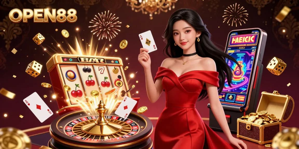 Experience the excitement of OPEN88 with a glamorous casino scene showcasing roulette, slots, and festive elements.