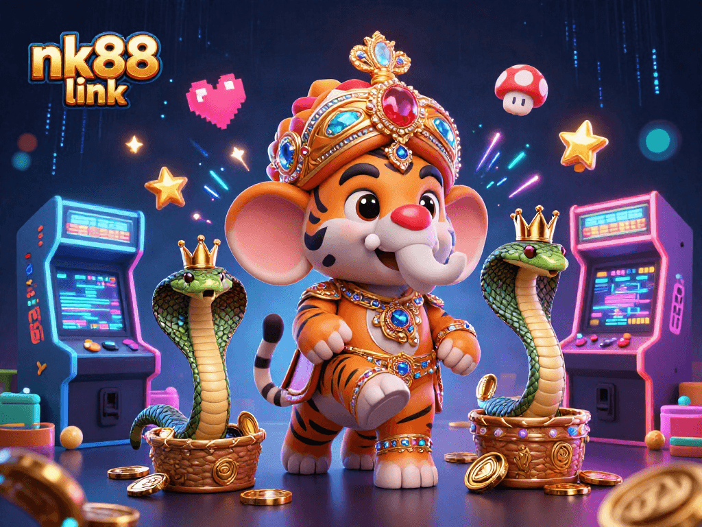 Bet on fun with nk88 link featuring a majestic elephant and royal tiger in a vibrant gaming scene.