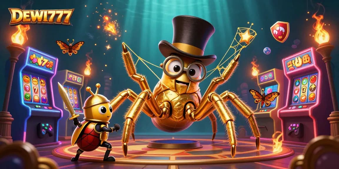 Experience DEWI777's thrilling gaming action with vibrant slot reels, a golden tarantula, and engaging characters.