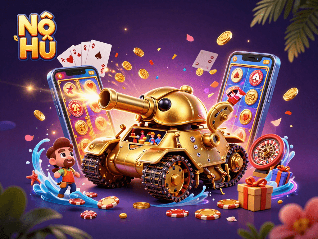 Nổ Hũ game illustration featuring a massive golden beetle tank revealing a casino, dynamic with slot elements.