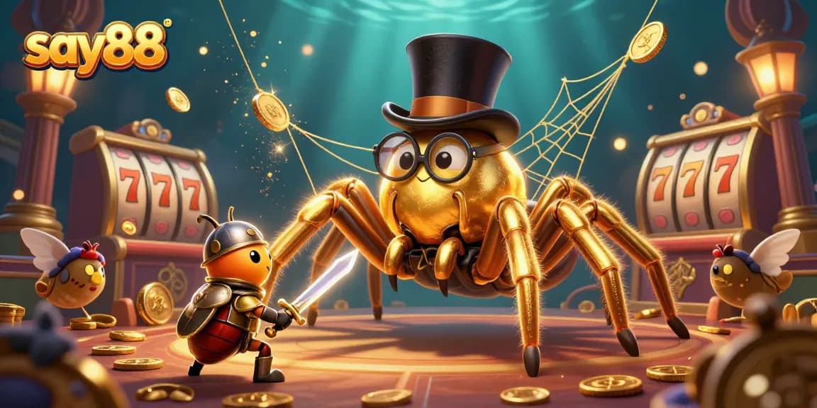 Experience the excitement of say88 with a golden tarantula and beetle knight in this dynamic casino scene.