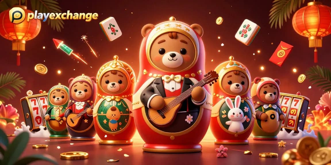 Spin lucky reels with playexchange while enjoying 3D casino-themed characters and festive elements.
