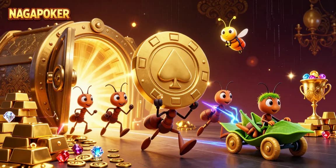 NAGAPOKER showcases ants heisting a giant poker chip, vibrant casino elements, and stunning 3D artistry.