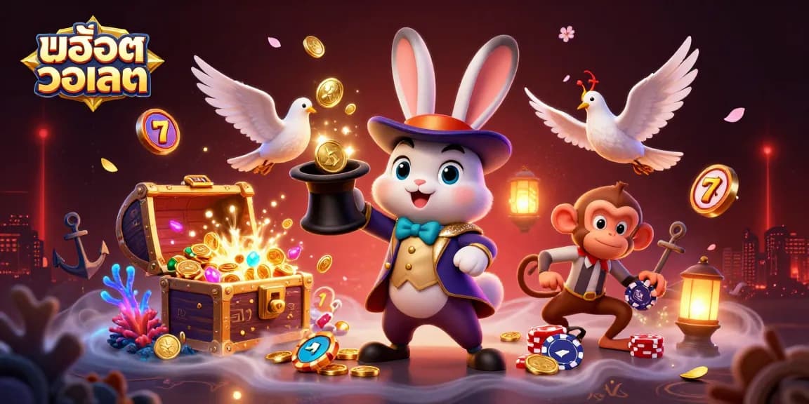 Experience excitement at สล็อตวอเลท with a magician rabbit, dove, and monkey surrounded by vibrant casino elements.