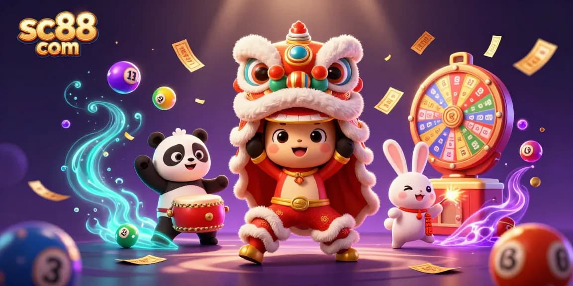 Engage with exciting games on sc88 com, featuring a lively lion dance and dynamic casino elements.