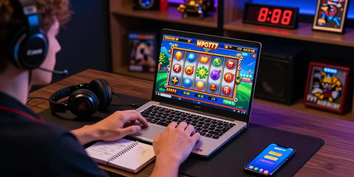 Exciting online gaming moment at a desk with mpo777 daftar on a laptop and gaming accessories.