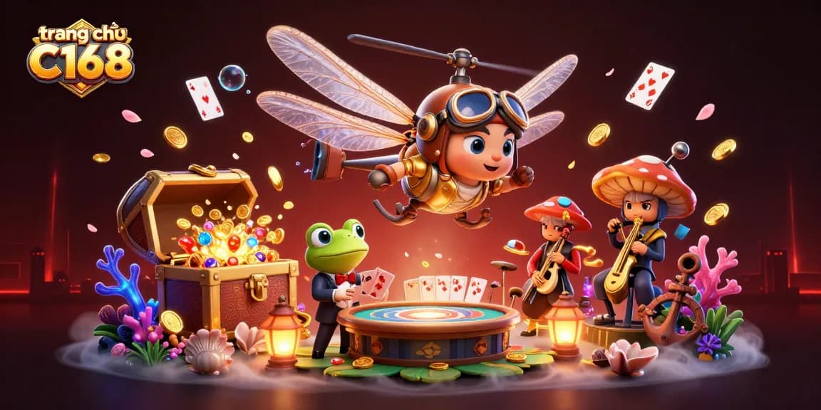 Experience the excitement of trang chủ C168 with vibrant casino characters and games in a 3D illustrated scene.