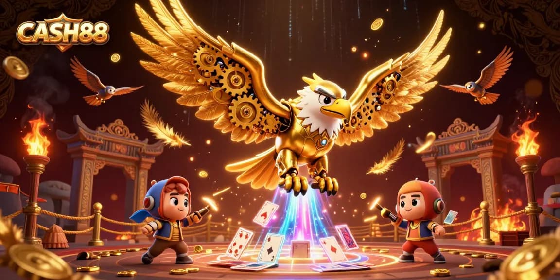 CASH88 players experience a thrilling casino atmosphere with golden eagle, holographic cards, and dynamic casino elements.