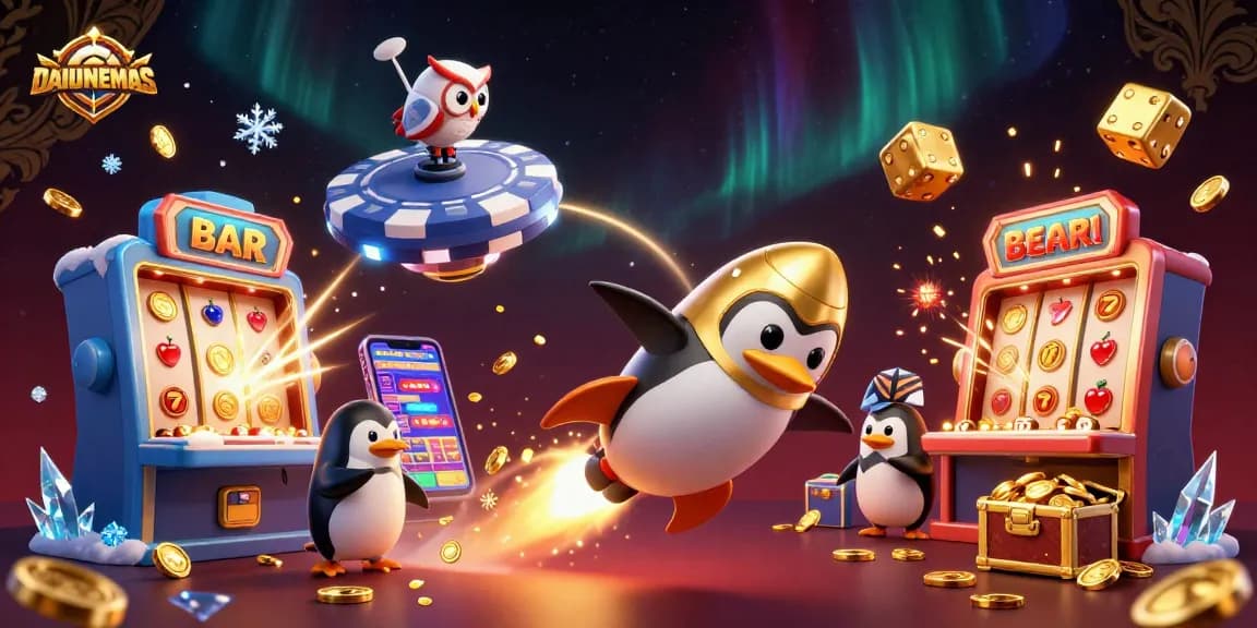 Experience gaming excitement at DAUNEMAS with a golden penguin and jackpot symbols in action.