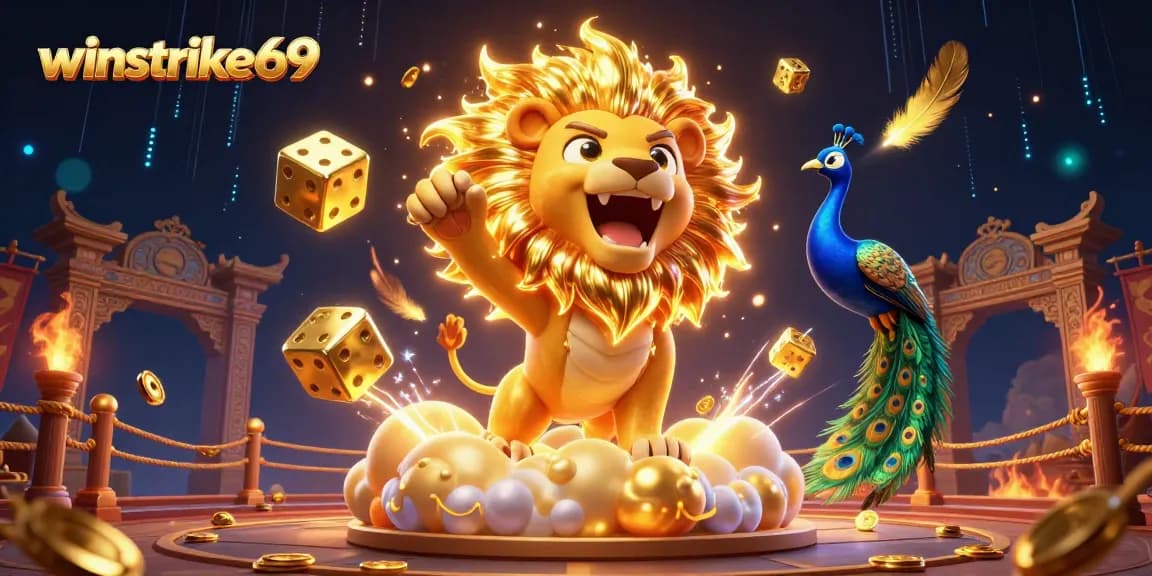 Experience thrilling gaming with winstrike69 in a vibrant casino-inspired 3D scene filled with dynamic elements.