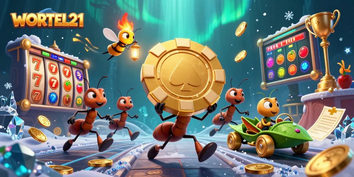 WORTEL21 heist scene with ants stealing a giant poker chip amidst dynamic slot game elements.