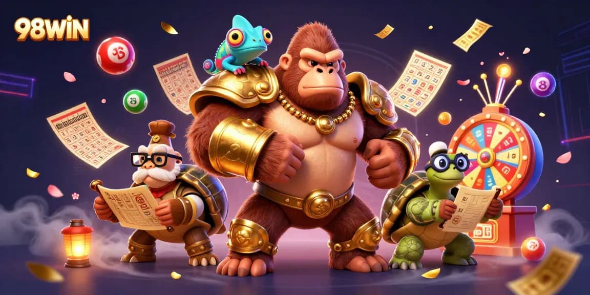 Join the action with 98WIN's vibrant gambling illustration featuring exciting game elements and characters!