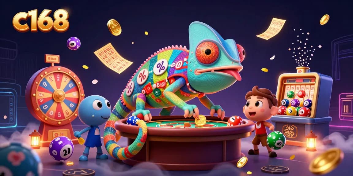 Experience gambling excitement with c168's chameleon mascot and vibrant casino scene.