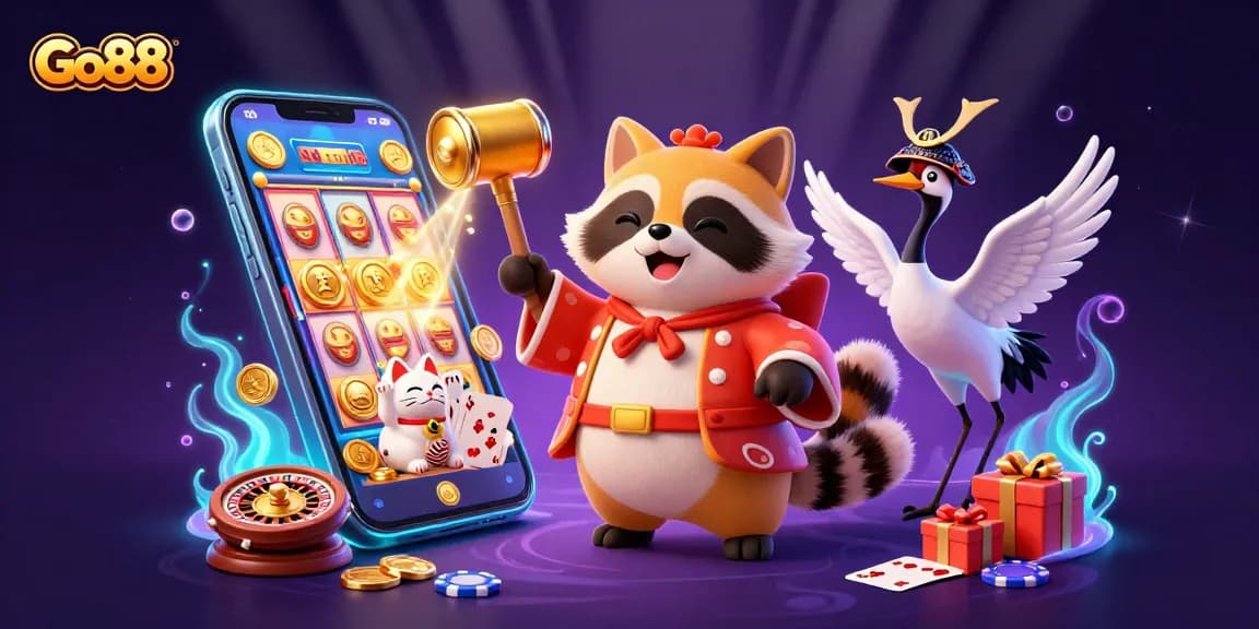 Engage with Go88's vibrant casino world featuring cheerful tanuki and colorful slot games.