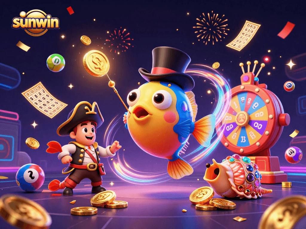 Experience thrilling moments at sunwin with vibrant colors, fish-themed treasures, and dynamic gaming elements.