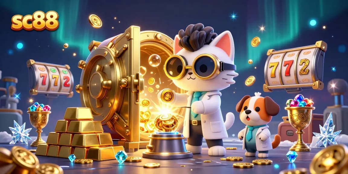 Play the slots at sc88 with a vibrant 3D illustration showcasing jackpots and treasure.