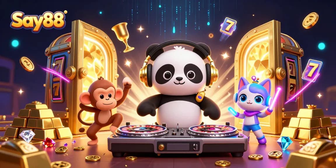 Experience thrilling action with Say88 featuring a DJ panda, dancing monkey, and glowing kitten in a vibrant casino scene.