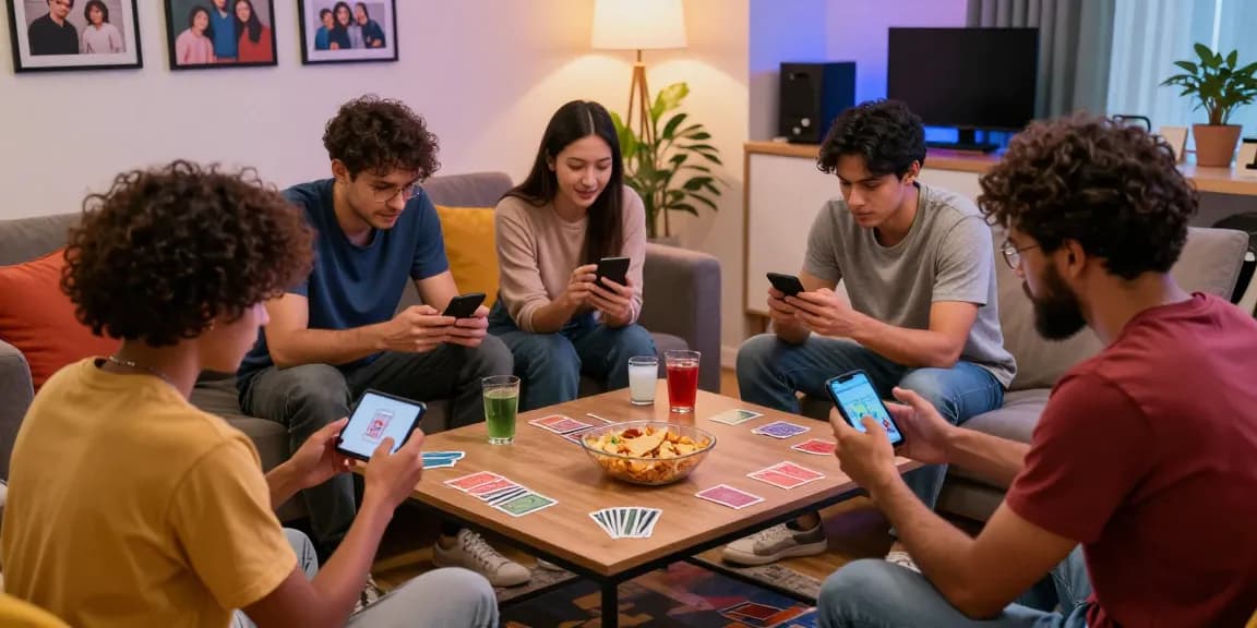 Friends play games on mobile devices in a cozy living room, enjoying card games together.